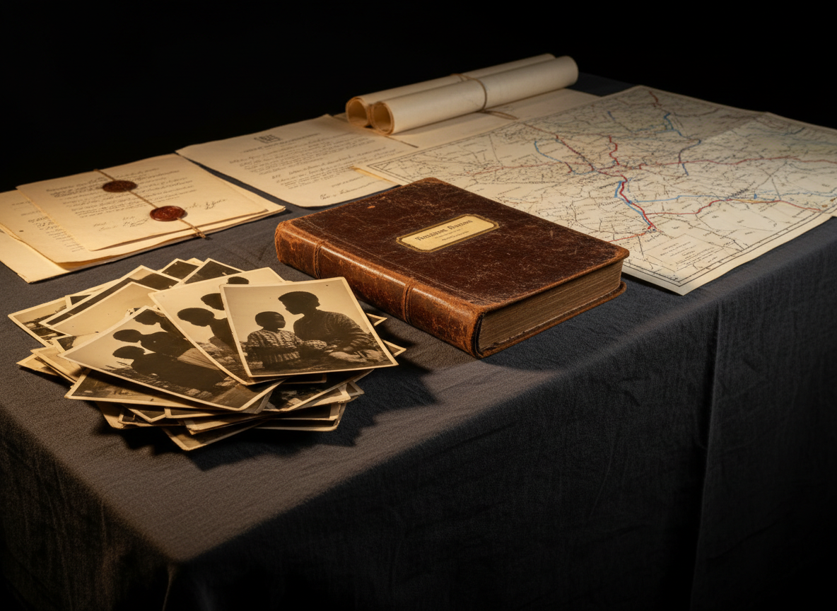 A dignified collection of historic objects arranged on a dark linen-covered table: a stack of sepia-toned archival photographs of early Black families in the Great Migration era (faces turned away or out of frame), a worn leather-bound ledger labeled “Freedmen Records,” and a folded map marked with migration routes leading to the Summit Lake area. Behind them, a subtle backdrop of vintage legal documents and land deeds is softly blurred. Warm directional studio lighting from the left creates gentle highlights on the paper textures and faint shadows along the table folds. Photographic realism, captured at a low, museum-style angle with a moderate depth of field, conveying reverence, cultural preservation, and the weight of documented history.
