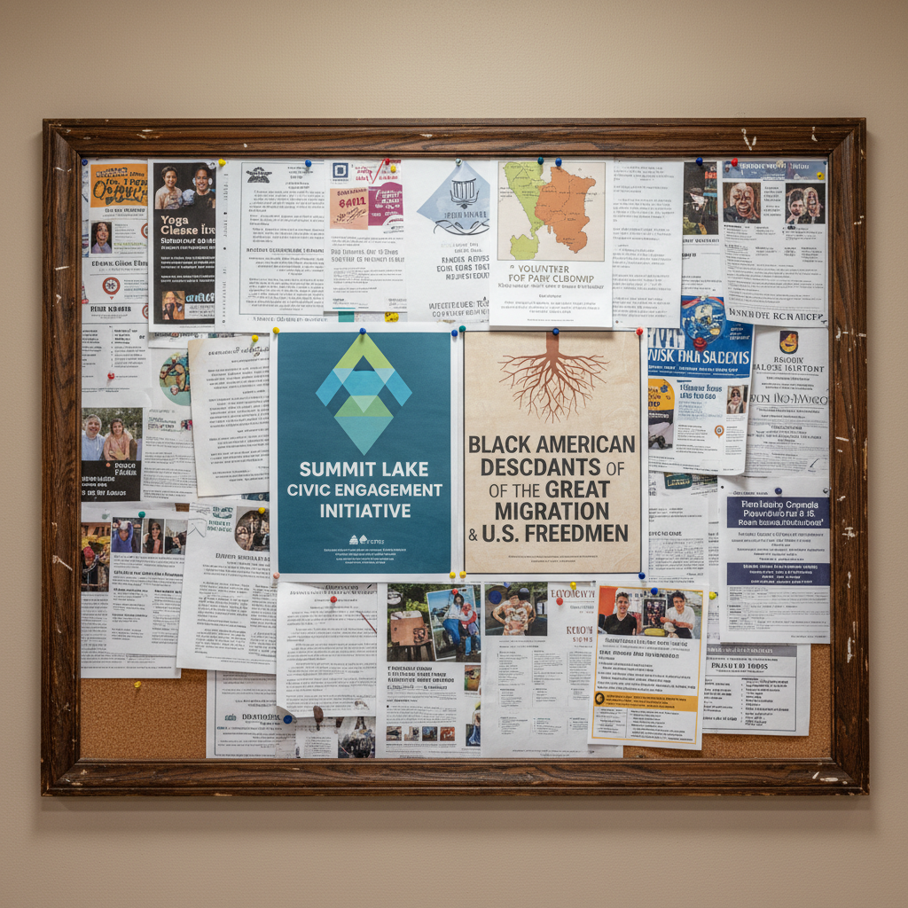 A close-up of a sturdy, well-worn community bulletin board made of cork and framed in dark wood, completely covered with colorful flyers and neatly pinned notices. Prominent among them is a professionally printed poster reading “Summit Lake Civic Engagement Initiative” beside one titled “Black American Descendants of the Great Migration & U.S. Freedmen.” Pins, paper edges, and layered textures are captured in high detail. The board is mounted on a softly painted, neutral wall in a community center hallway. Overhead fluorescent lighting is diffused, creating even illumination without harsh glare. Photographic realism, shot straight on with sharp focus across the entire board, evoking an active, organized hub of information and opportunity without showing any human figures.