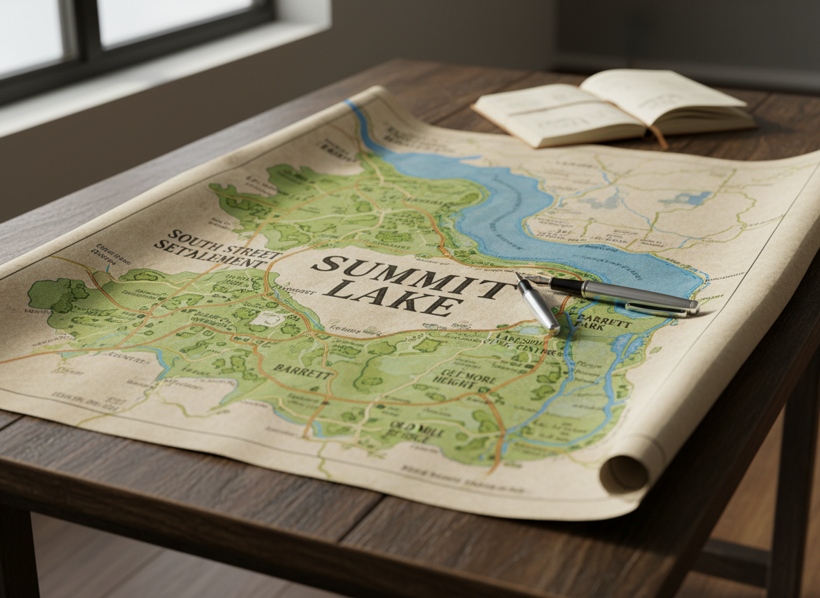 A large, detailed neighborhood map of the Summit Lake area printed on slightly textured matte paper, spread across a dark wooden community table. The map highlights streets, parks, and the lakeshore in rich, natural colors, with clear labels for historic Black neighborhoods and civic landmarks. Soft, indirect daylight from a nearby window washes over the map, creating gentle shadows at the paper’s curled edges. A polished metal fountain pen rests near a marked “Summit Lake” label, and a slim leather-bound notebook lies partly open in the background. Photographic realism, shot from a slightly elevated angle with sharp focus throughout, conveying a professional, organized, and hopeful atmosphere centered on local civic engagement and place-based identity.