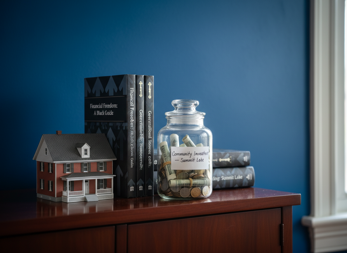 A symbolic still life representing generational wealth building: a neat stack of hardcover books on finance and homeownership, a small model of a classic two-story house with a dark roof and brick façade, and a clear glass jar partially filled with coins and rolled bills labeled “Community Investment – Summit Lake.” These items are arranged on a polished wooden sideboard against a softly textured, deep-blue wall that conveys trust and stability. Window light from the right creates a gentle gradient across the background and reflective highlights on the glass jar and glossy book covers. Photographic realism, composed using the rule of thirds with a shallow depth of field, producing a calm, aspirational, and professional mood connected to long-term prosperity for Black communities.
