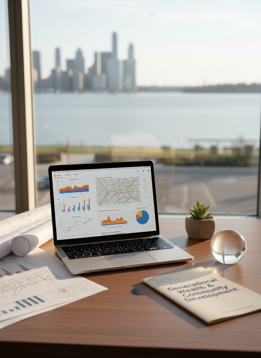A carefully arranged desktop scene featuring a sleek, open laptop displaying a modern civic planning dashboard, surrounded by printed charts, neighborhood blueprints, and a folded brochure titled “Generational Wealth & Community Development.” The desk is a smooth, medium-toned wood with a subtle grain, positioned near a large window overlooking a blurred urban lakefront. Late-afternoon natural light creates a warm, professional glow, casting precise, clean shadows from a small potted plant and a heavy glass paperweight. Photographic realism, eye-level composition with a shallow depth of field that keeps the laptop and documents crisp while softening the background, conveying focused, data-driven community work in a calm, orderly environment.